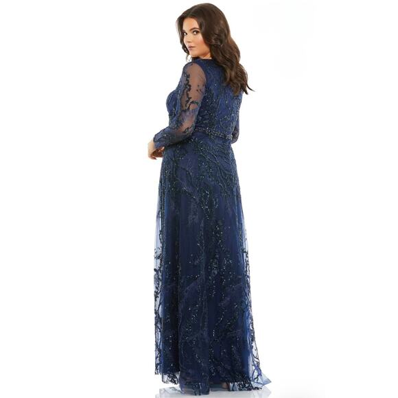 NEW Mac Duggal Navy Embellished Illusion Long Sleeve V-Neck A-Line Mesh Gown - Picture 2 of 14